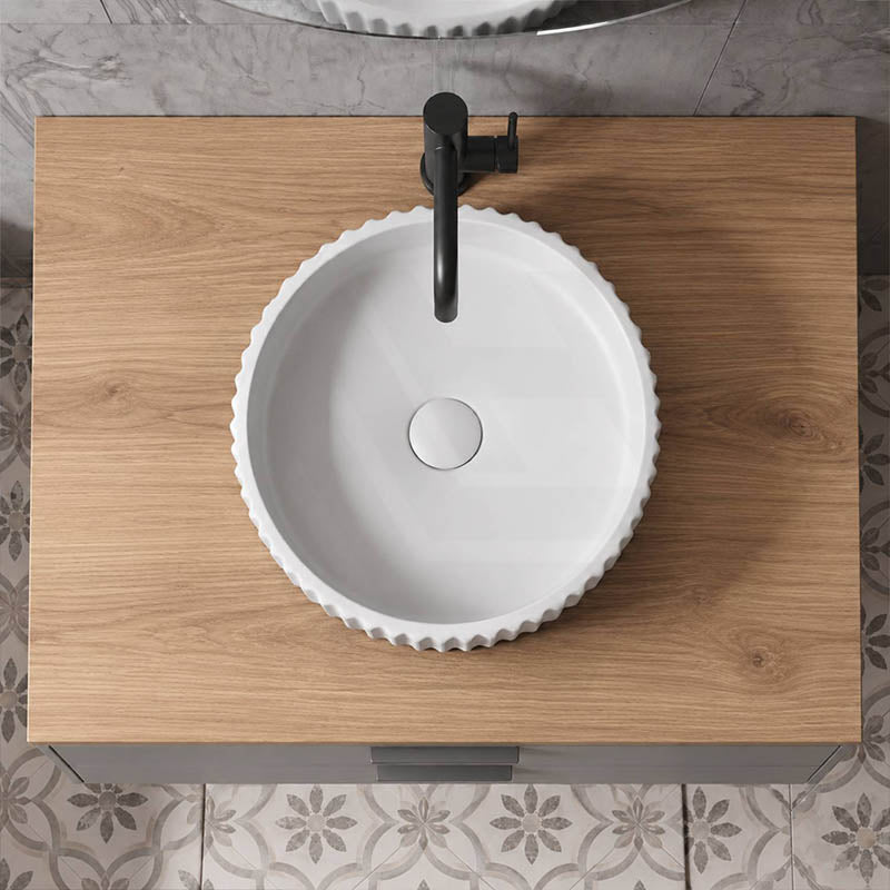 Round Concrete Fluted Above Counter Basin with Matching Waste 400x400x120mm - Matt White