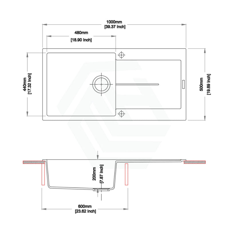 1000X500X200mm Carysil Black Single Bowl With Drainer Board Granite Kitchen Laundry Sink Top/ Undermount