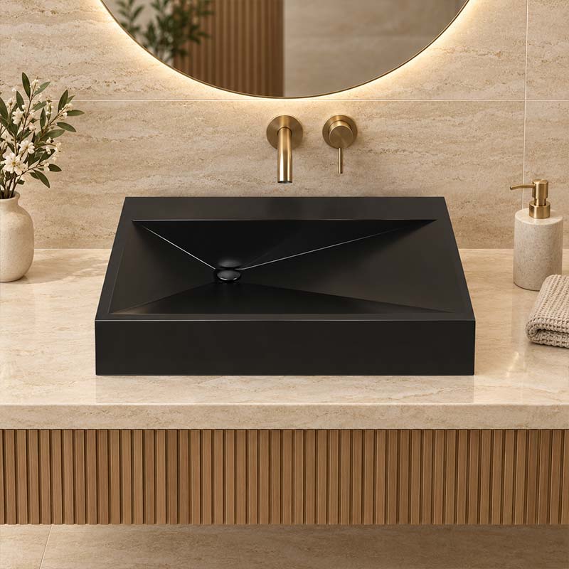 Rectangle Sani-Quartz Composite Above Counter Basin with Golden Cut Design 615x445x130mm - Gloss White/Black