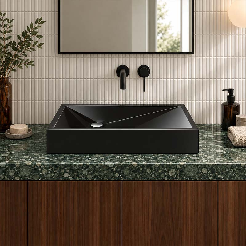 Rectangle Sani-Quartz Composite Above Counter Basin with Golden Cut Design 615x445x130mm - Gloss White/Black