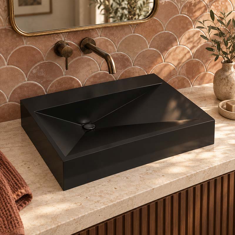 Rectangle Sani-Quartz Composite Above Counter Basin with Golden Cut Design 615x445x130mm - Gloss White/Black