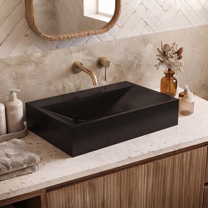 Rectangle Sani-Quartz Composite Above Counter Basin with Golden Cut Design 615x445x130mm - Gloss White/Black