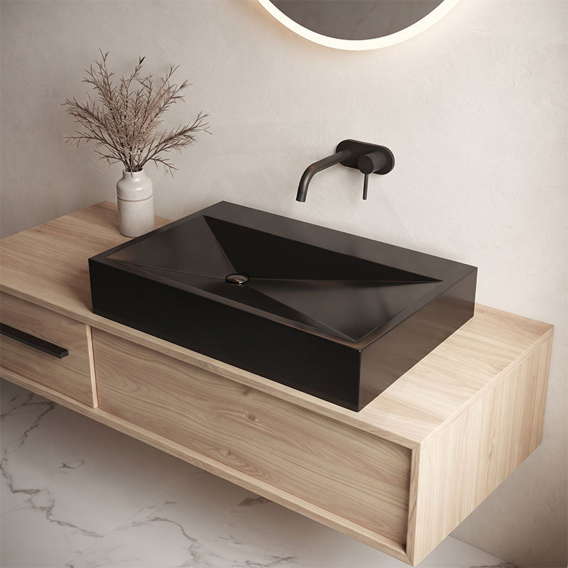 Rectangle Sani-Quartz Composite Above Counter Basin with Golden Cut Design 615x445x130mm - Gloss White/Black