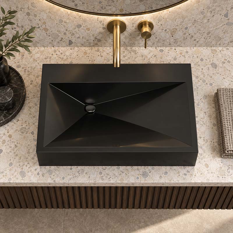 Rectangle Sani-Quartz Composite Above Counter Basin with Golden Cut Design 615x445x130mm - Gloss White/Black
