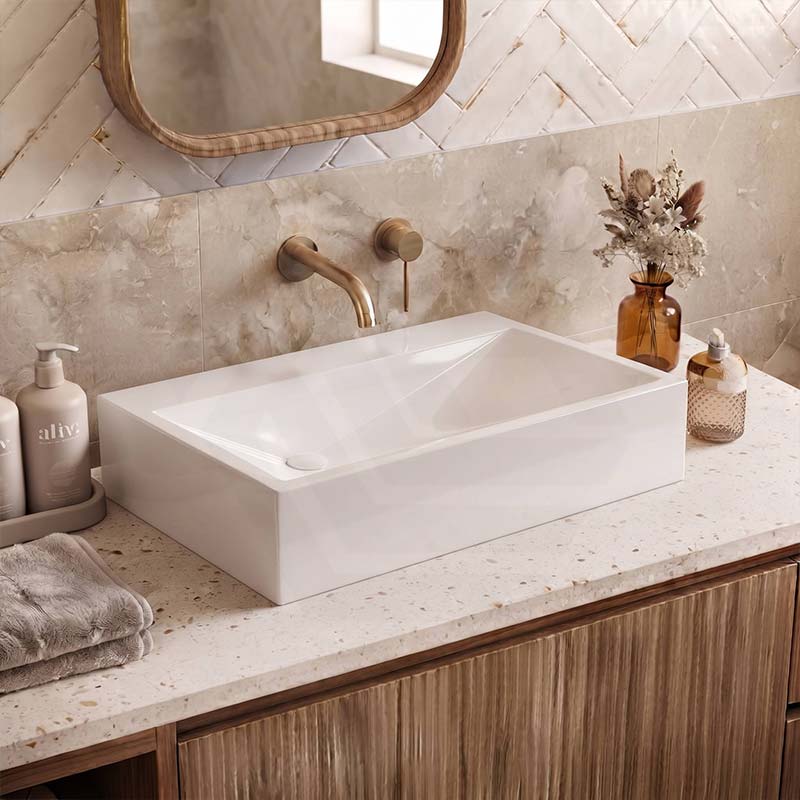 Rectangle Sani-Quartz Composite Above Counter Basin with Golden Cut Design 615x445x130mm - Gloss White/Black