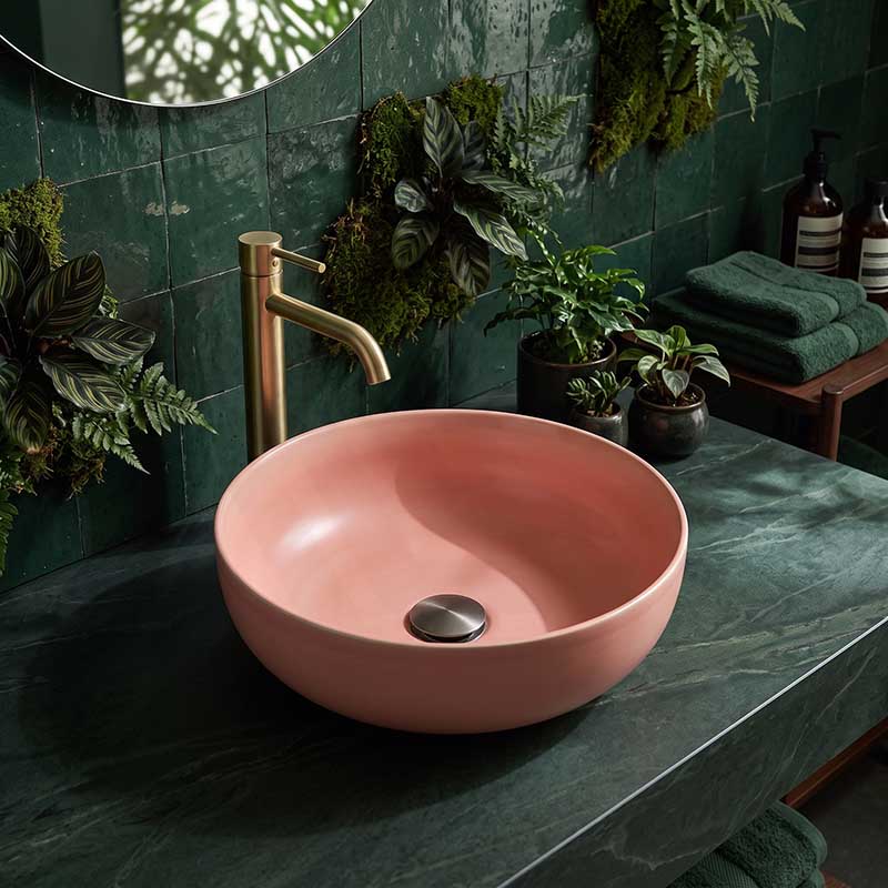 Round Above Counter Ceramic Basin with No Overflow For Bathroom and Vanity 350x350x140mm - Matt Pink