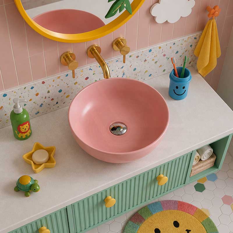Round Above Counter Ceramic Basin with No Overflow For Bathroom and Vanity 350x350x140mm - Matt Pink