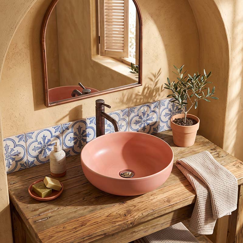 Round Above Counter Ceramic Basin with No Overflow For Bathroom and Vanity 350x350x140mm - Matt Pink