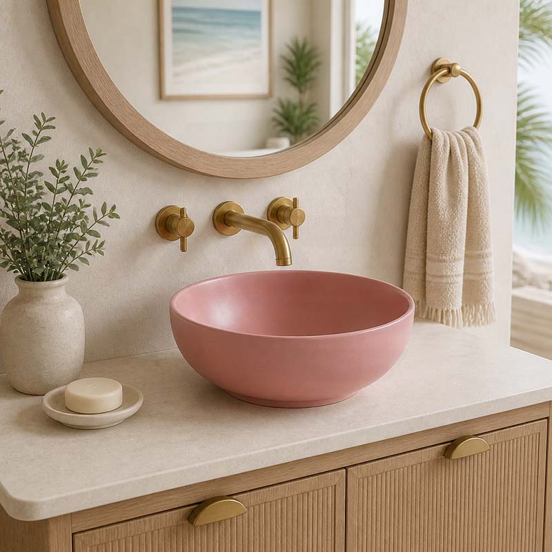 Round Above Counter Ceramic Basin with No Overflow For Bathroom and Vanity 350x350x140mm - Matt Pink