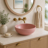 Round Above Counter Ceramic Basin with No Overflow For Bathroom and Vanity 350x350x140mm - Matt Pink