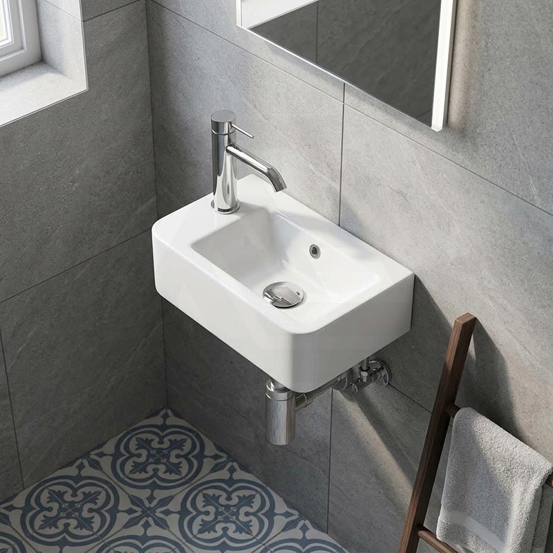 Mini Rectangle Wall Hung Ceramic Basin Left or Right Tap Hole Available 375x245x135mm - Gloss White