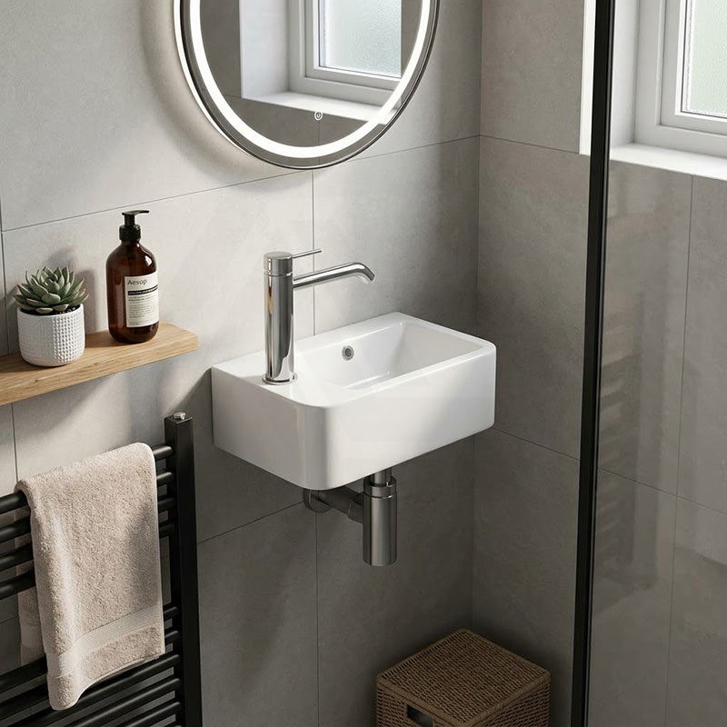 Mini Rectangle Wall Hung Ceramic Basin Left or Right Tap Hole Available 375x245x135mm - Gloss White