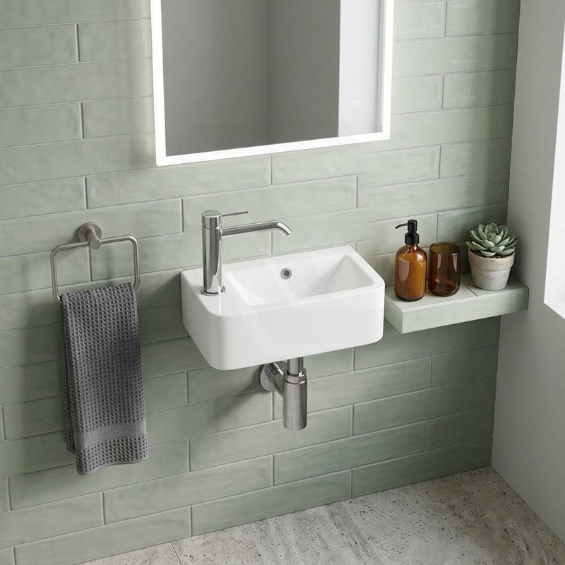 Mini Rectangle Wall Hung Ceramic Basin Left or Right Tap Hole Available 375x245x135mm - Gloss White