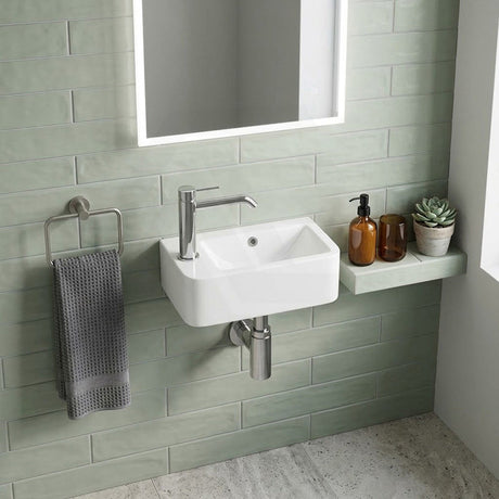 Mini Rectangle Wall Hung Ceramic Basin Left or Right Tap Hole Available 375x245x135mm - Gloss White