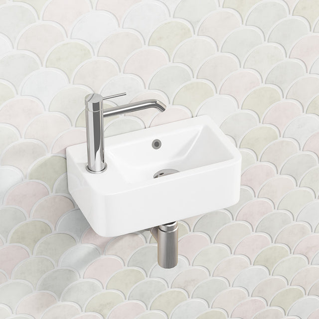 375X255X125Mm Mini Rectangle Gloss White Wall Hung Ceramic Basin Left Or Right Tap Hole Available