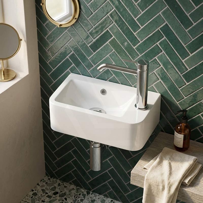 Mini Rectangle Wall Hung Ceramic Basin Left or Right Tap Hole Available 375x245x135mm - Gloss White