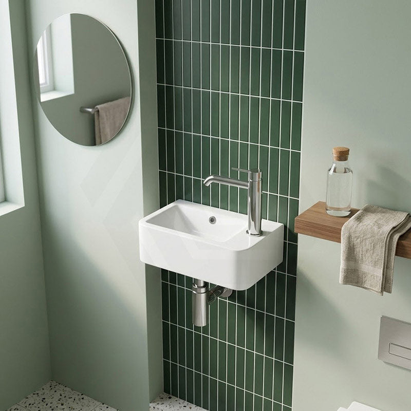 Mini Rectangle Wall Hung Ceramic Basin Left or Right Tap Hole Available 375x245x135mm - Gloss White