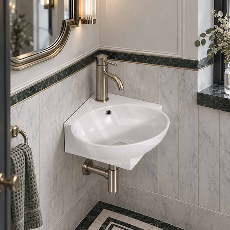 Ceramic Mini Corner Wall Hung Basin with Overflow 390x365x130mm - Gloss White