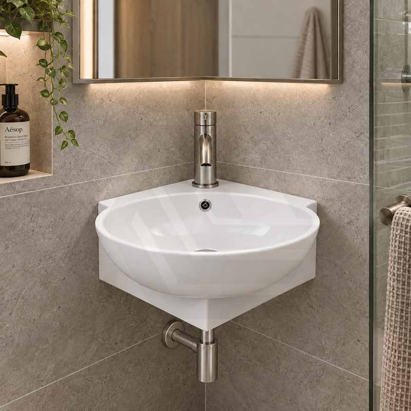 Ceramic Mini Corner Wall Hung Basin with Overflow 390x365x130mm - Gloss White