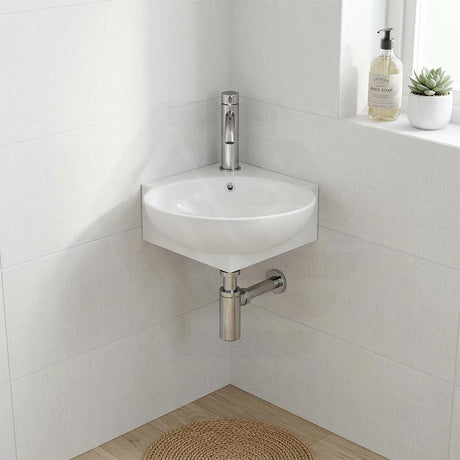 Ceramic Mini Corner Wall Hung Basin with Overflow 390x365x130mm - Gloss White