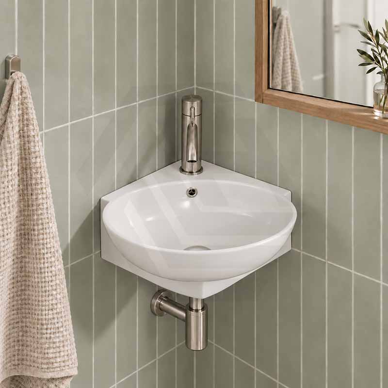 Ceramic Mini Corner Wall Hung Basin with Overflow 390x365x130mm - Gloss White