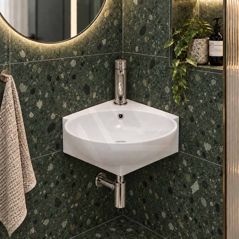 Ceramic Mini Corner Wall Hung Basin with Overflow 390x365x130mm - Gloss White