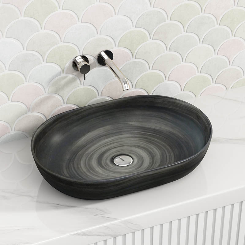 585x400x125mm Oval Tornado Black Above Counter Ceramic Basin Art Basin