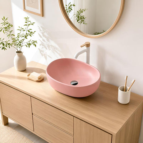 Oval Above Counter Ceramic Basin Counter Top 470x340x130mm - Matt Pink