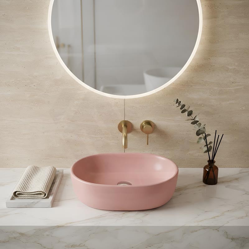 Oval Above Counter Ceramic Basin Counter Top 470x340x130mm - Matt Pink