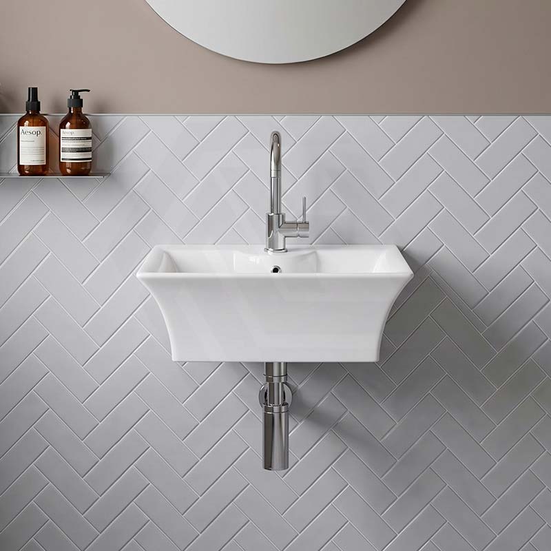 Zento Rectangle Ceramic Wall Hung Basin with Tap Hole 495x415x190mm - Gloss White