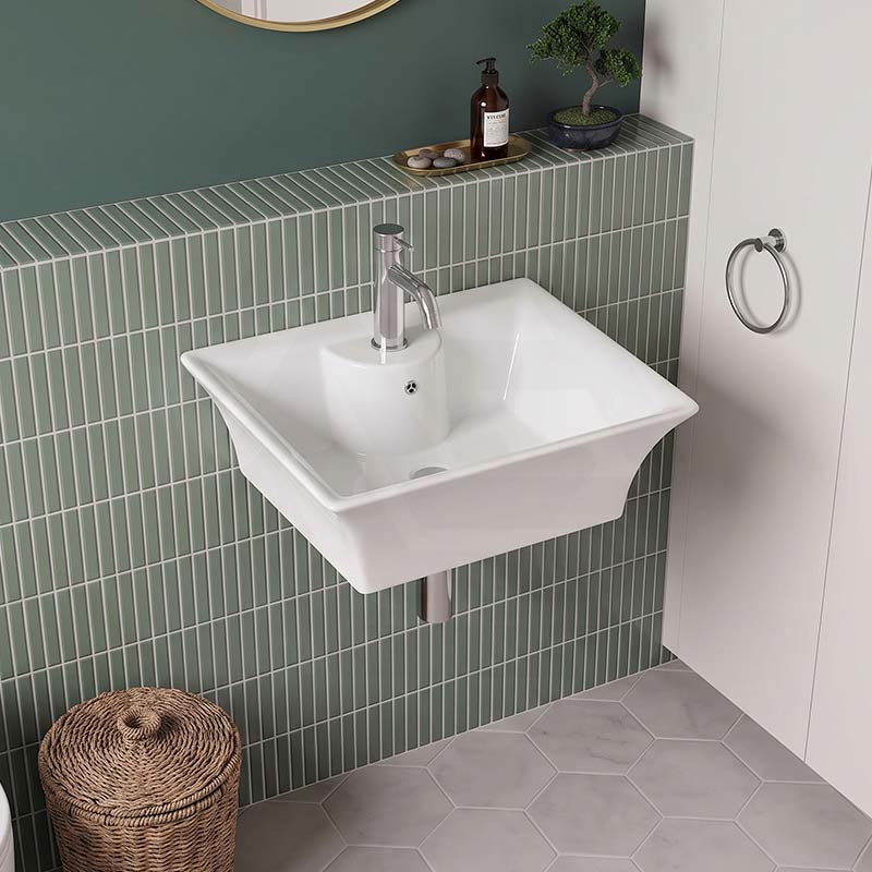 Zento Rectangle Ceramic Wall Hung Basin with Tap Hole 495x415x190mm - Gloss White