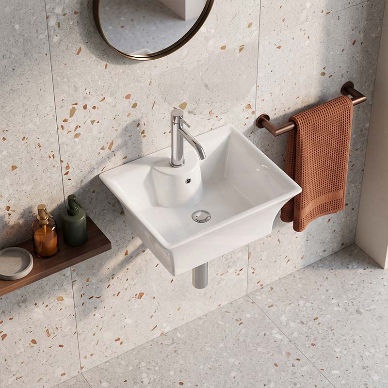 Zento Rectangle Ceramic Wall Hung Basin with Tap Hole 495x415x190mm - Gloss White