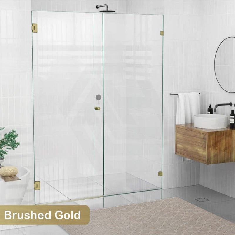 940-1425Mm Frameless Wall To Shower Screen Door Hung With Fix Panel In Brushed Gold Fittings 10Mm