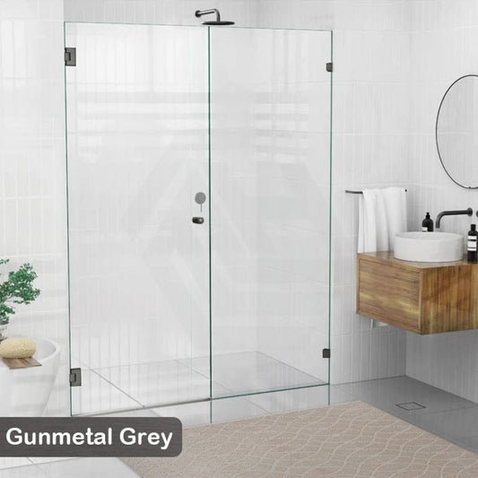 940-1425Mm Frameless Wall To Shower Screen Door Hung With Fix Panel In Gunmetal Grey Fittings 10Mm