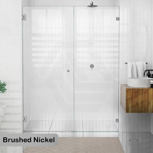 940-1425Mm Frameless Wall To Shower Screen Door Hung With Fix Panel In Brushed Nickel Fittings 10Mm